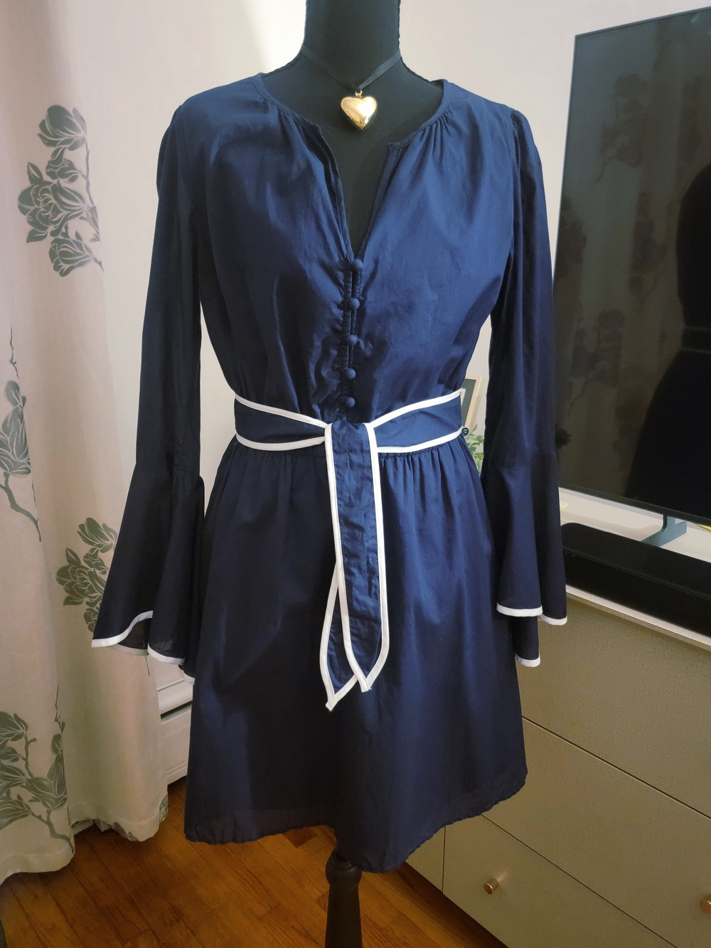Michael Kors Navy Long-Sleeve Tie-Waist Dress with White Trim Size M
